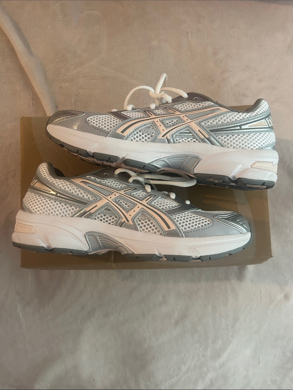 Asics White, Silver & Light Pink Athletic Running Shoes - Picture 1 of 7